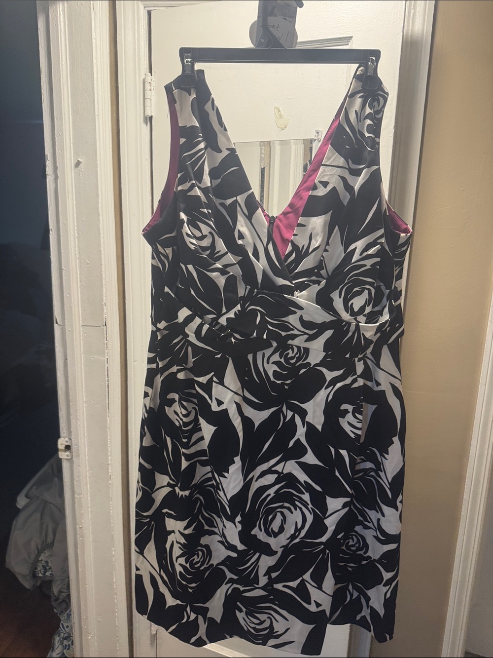 Donna Ricco Black and White Floral Midi Dress with Pink Lining